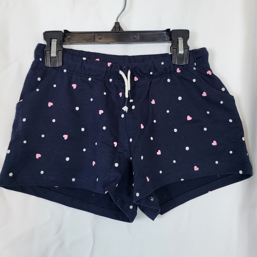 H&M Girls Navy Pink Heart White Dot Print Organic Cotton Jersey Shorts 9/10Y New